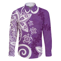 Polynesia Family Matching Off The Shoulder Long Sleeve Dress and Hawaiian Shirt Purple Tribal Turtle Floral Pattern