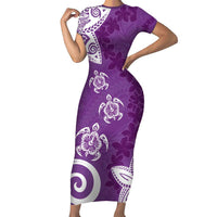 Polynesia Family Matching Short Sleeve Bodycon Dress and Hawaiian Shirt Purple Tribal Turtle Floral Pattern