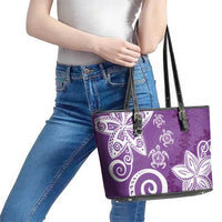 Polynesia Leather Tote Bag Purple Tribal Turtle Floral Pattern