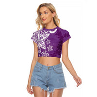 Polynesia Raglan Cropped T Shirt Purple Tribal Turtle Floral Pattern