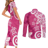 Polynesia Couples Matching Short Sleeve Bodycon Dress and Long Sleeve Button Shirt Pink Tribal Turtle Floral Pattern