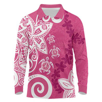 Polynesia Long Sleeve Polo Shirt Pink Tribal Turtle Floral Pattern