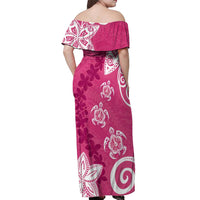 Polynesia Off Shoulder Maxi Dress Pink Tribal Turtle Floral Pattern