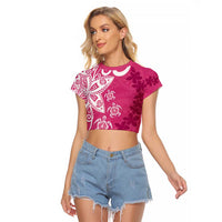Polynesia Raglan Cropped T Shirt Pink Tribal Turtle Floral Pattern