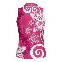 Polynesia Women Sleeveless Polo Shirt Pink Tribal Turtle Floral Pattern