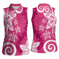 Polynesia Women Sleeveless Polo Shirt Pink Tribal Turtle Floral Pattern