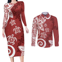 Polynesia Couples Matching Long Sleeve Bodycon Dress and Long Sleeve Button Shirt Red Tribal Turtle Floral Pattern