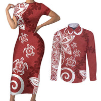 Polynesia Couples Matching Short Sleeve Bodycon Dress and Long Sleeve Button Shirt Red Tribal Turtle Floral Pattern
