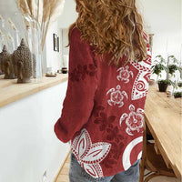Polynesia Women Casual Shirt Red Tribal Turtle Floral Pattern