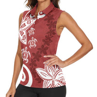 Polynesia Women Sleeveless Polo Shirt Red Tribal Turtle Floral Pattern