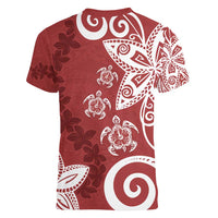 Polynesia Women V-Neck T-Shirt Red Tribal Turtle Floral Pattern