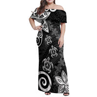 Polynesia Family Matching Off Shoulder Maxi Dress and Hawaiian Shirt Black Tribal Turtle Floral Pattern