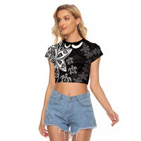 Polynesia Raglan Cropped T Shirt Black Tribal Turtle Floral Pattern