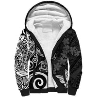 Polynesia Sherpa Hoodie Black Tribal Turtle Floral Pattern