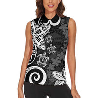 Polynesia Women Sleeveless Polo Shirt Black Tribal Turtle Floral Pattern