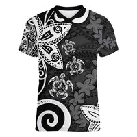 Polynesia Women V-Neck T-Shirt Black Tribal Turtle Floral Pattern