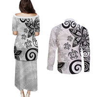 Polynesia Couples Matching Puletasi and Long Sleeve Button Shirt White Tribal Turtle Floral Pattern