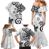 Polynesia Family Matching Mermaid Dress and Hawaiian Shirt White Tribal Turtle Floral Pattern