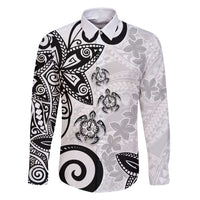 Polynesia Family Matching Off Shoulder Short Dress and Hawaiian Shirt White Tribal Turtle Floral Pattern LT05 Dad's Shirt - Long Sleeve White - Polynesian Pride