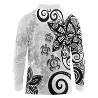 Polynesia Long Sleeve Polo Shirt White Tribal Turtle Floral Pattern
