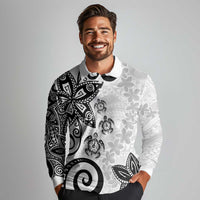 Polynesia Long Sleeve Polo Shirt White Tribal Turtle Floral Pattern