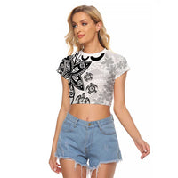 Polynesia Raglan Cropped T Shirt White Tribal Turtle Floral Pattern