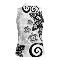 Polynesia Women Sleeveless Polo Shirt White Tribal Turtle Floral Pattern