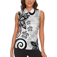 Polynesia Women Sleeveless Polo Shirt White Tribal Turtle Floral Pattern