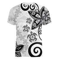 Polynesia Women V-Neck T-Shirt White Tribal Turtle Floral Pattern