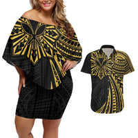 Hawaii And Philippines Couples Matching Off Shoulder Short Dress and Hawaiian Shirt Kanaka Maoli With Tribal Sun Together Gold