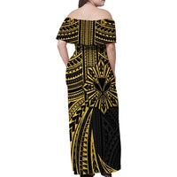 Hawaii And Philippines Family Matching Off Shoulder Maxi Dress and Hawaiian Shirt Kanaka Maoli With Tribal Sun Together Gold