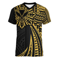 Hawaii And Philippines Women V-Neck T-Shirt Kanaka Maoli With Tribal Sun Together Gold