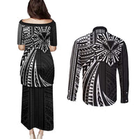 Hawaii And Philippines Couples Matching Puletasi and Long Sleeve Button Shirt Kanaka Maoli With Tribal Sun Together Black