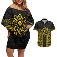 Hawaii And Philippines Together Couples Matching Off Shoulder Short Dress and Hawaiian Shirt Polynesian Pattern With Filipino Barong Gold