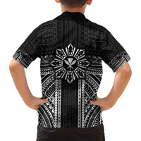 Hawaii And Philippines Together Family Matching Off The Shoulder Long Sleeve Dress and Hawaiian Shirt Polynesian Pattern With Filipino Barong Black
