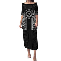 Hawaii And Philippines Together Puletasi Polynesian Pattern With Filipino Barong Black LT05 Long Dress Black - Polynesian Pride