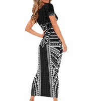 Hawaii And Philippines Together Short Sleeve Bodycon Dress Polynesian Pattern With Filipino Barong Black LT05 - Polynesian Pride