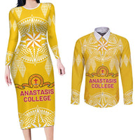 Personalised Anastasis College Couples Matching Long Sleeve Bodycon Dress and Long Sleeve Button Shirt Tonga Ngatu Pattern LT05 Yellow - Polynesian Pride