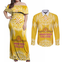 Personalised Anastasis College Couples Matching Off Shoulder Maxi Dress and Long Sleeve Button Shirt Tonga Ngatu Pattern LT05 Yellow - Polynesian Pride