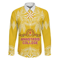 Personalised Anastasis College Family Matching Off Shoulder Short Dress and Hawaiian Shirt Tonga Ngatu Pattern LT05 Dad's Shirt - Long Sleeve Yellow - Polynesian Pride