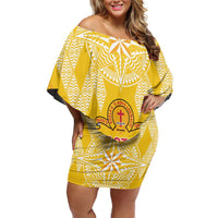 Personalised Anastasis College Family Matching Off Shoulder Short Dress and Hawaiian Shirt Tonga Ngatu Pattern LT05 Mom's Dress Yellow - Polynesian Pride