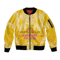 Personalised Anastasis College Sleeve Zip Bomber Jacket Tonga Ngatu Pattern LT05 Unisex Yellow - Polynesian Pride