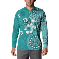 Cook Islands Button Sweatshirt Teal Hibiscus And Stars