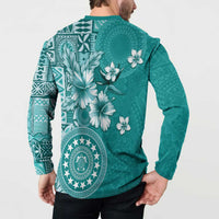Cook Islands Button Sweatshirt Teal Hibiscus And Stars