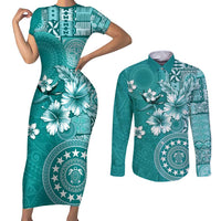 Cook Islands Couples Matching Short Sleeve Bodycon Dress and Long Sleeve Button Shirt Teal Hibiscus And Stars