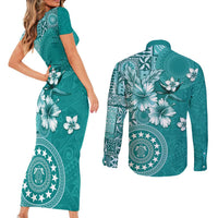Cook Islands Couples Matching Short Sleeve Bodycon Dress and Long Sleeve Button Shirt Teal Hibiscus And Stars