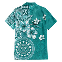 Cook Islands Family Matching Off Shoulder Short Dress and Hawaiian Shirt Teal Hibiscus And Stars
