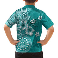 Cook Islands Family Matching Puletasi and Hawaiian Shirt Teal Hibiscus And Stars