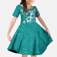 Cook Islands Family Matching Puletasi and Hawaiian Shirt Teal Hibiscus And Stars
