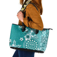 Cook Islands Leather Tote Bag Teal Hibiscus And Stars